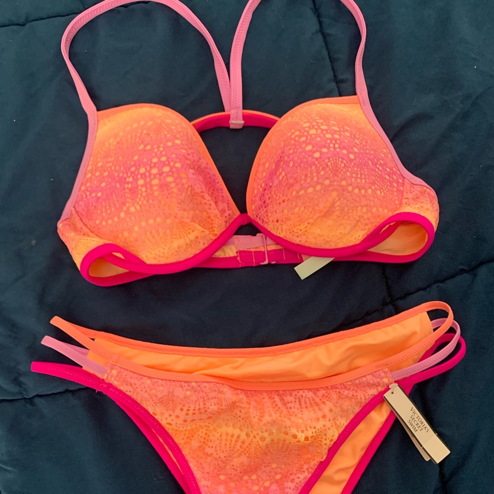 Victoria's Secre Lace ombre bikini strappy top and bottom orange pink